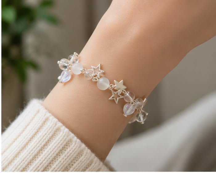 Aesthetic White Crystal Charm Bracelet for Girls | Handmade Y2K Star and Heart Beaded Bracelet with Adjustable Extension Chain by LOOPITSHOP