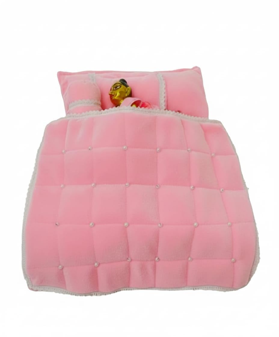Laddu Gopal Ji Super Soft Satin Blanket/Kambal/Rajai and Mattress/Gadda with Pillow for Krishna Idol (Ladoo Gopal Bister Set) (Pink) Kafalo