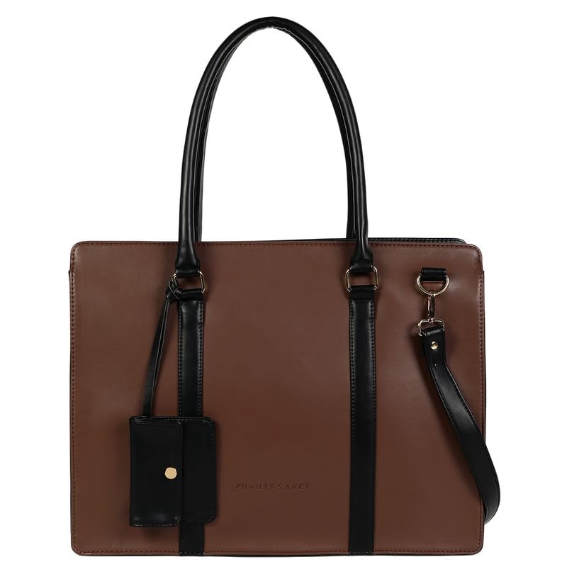 Haute Sauce Women The Diurnal Tote Office Bag | Chocolate Brown | Zipper Closure | Vegan Leather Material | Card & Penholder | Laptop Compatibility Upto 17 Inch | Handbag For For Office Wear