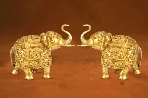 ARTVARKO Brass Elephant Pair (2 Pcs) Ganesha Carving on Elephant Lucky Figurine- Home Décor Gifts Item Gold Color (7 H,8.5 L, 6 Kg.)
