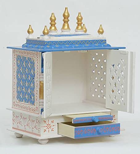 Jodhpur Handicrafts MDF Wood Home Temple Puja Mandir Home Temple Pooja Mandir with Door Pooja Room Stand (18 inch x 12 inch x 24 inch, White & Blue)