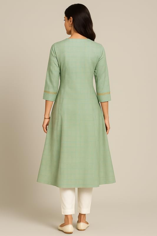 NOOR APPAREL Subtle Golden Geometric Block Print Kurta for Women Color-Pastel Aqua Green- S