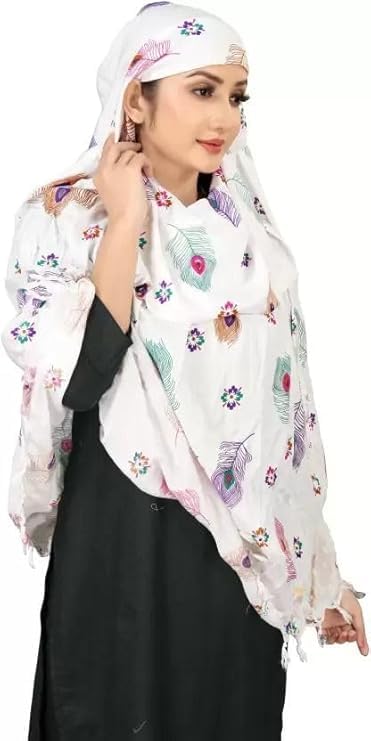DHRUNA Pure Cotton Long Scarf Cum Mask for Women & Girls | White Feather Printed UV Protection Face Cover, Breathable Cotton Dupatta for Driving & Outdoor Wear