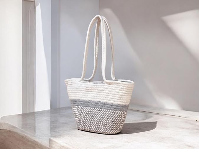 BEAUTIFUL HOMMIES Attractive Hand Bag |large Tote Bag |Summer Bag | Bucket Bag | Basket Bag | Bamboo Tote | Beach Bags for Women|Boho Bag|Handbag |Jute Bag |Handmade Bag (WHITE GREY STYLISH)