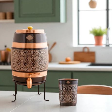 Indian Art Villa Copper Water Carafes with Embossed & Black Printed Design – 5 Liter Water Carafes with Stand, Tap & Glass (275 ML), Ayurvedic Drinkware for Home, Office, Gifting & Daily Hydration