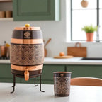 Indian Art Villa Copper Water Carafes with Embossed & Black Printed Design – 5 Liter Water Carafes with Stand, Tap & Glass (275 ML), Ayurvedic Drinkware for Home, Office, Gifting & Daily Hydration
