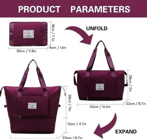 Viyaro Polyester Foldable Tote Bag | Expandable Design with Dry & Wet Separation, Waterproof Fabric, Multiple Pockets with Zipper & Lightweight Shoulder Carrying Comfort | Convenient Choice—Purple