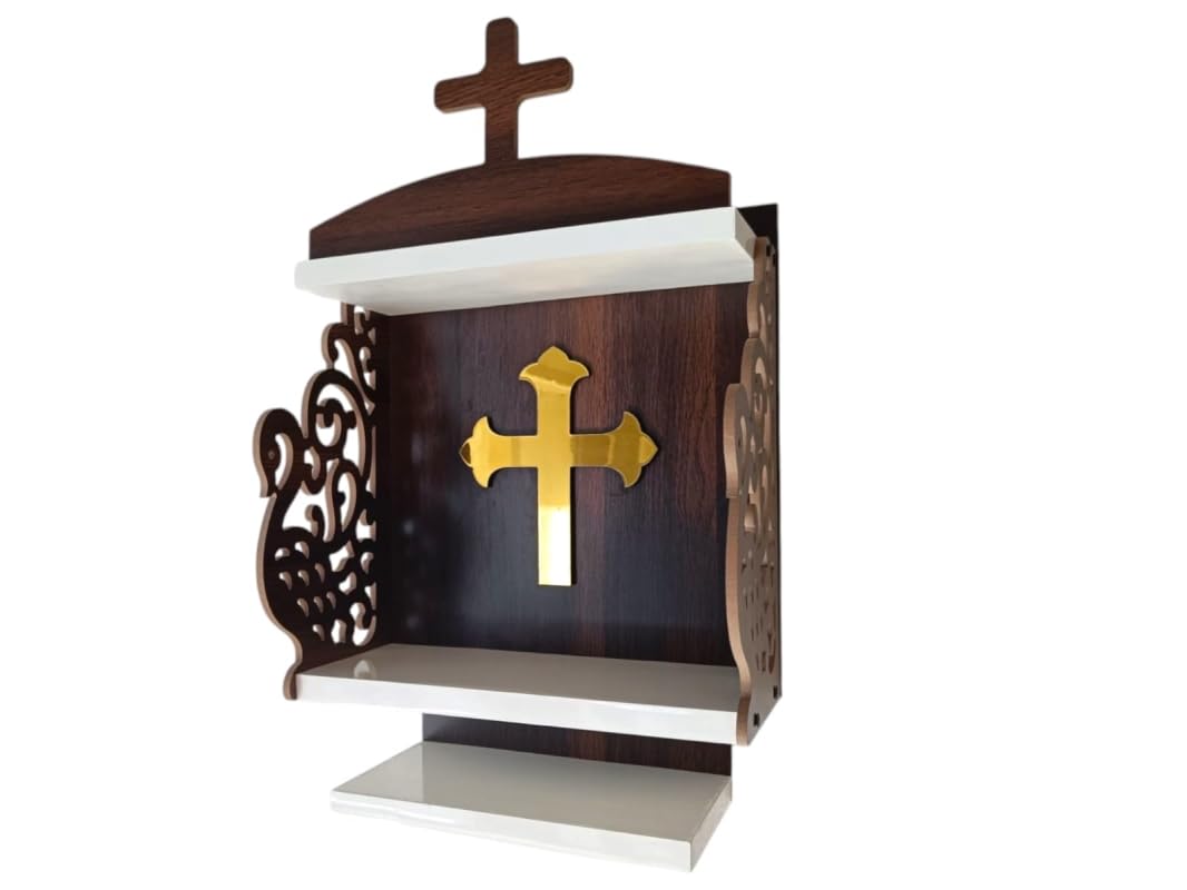 Christian Peacock Cross Temple, Wall-Mounted Wooden Prayer Altar, Home Temple with Gold Cross Design, Dark Brown and White