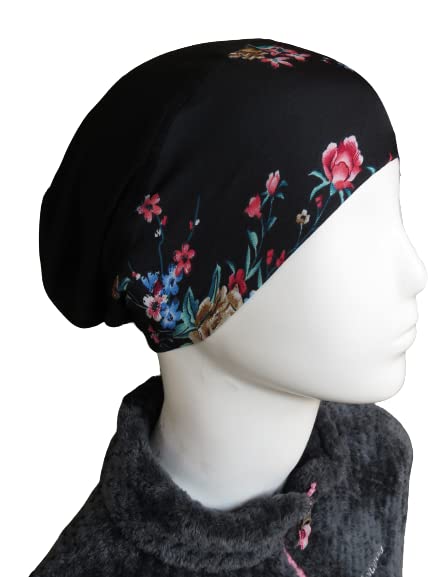 TCP Women’s Premium Printed Under Scarf, Bonette Inner Cap, Headscarves,Hijab - Black Ditsy (Black Pink Floral print)