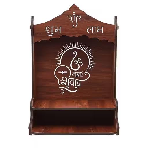 Premium Wooden Wall Mounted Pooja Mandir for Home | Om Namah Shivay Shubh Labh Design | Space Saving Temple with Shelf | Decorative Home & Office Mandir