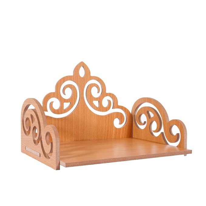 Wooden Mini Temple for Home, Wall Mounted Pooja Mandir Shelf, 20 x 15 x 14 cm, Wooden Colour