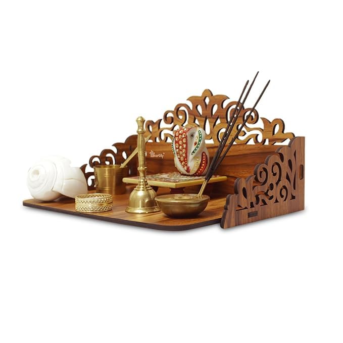 LET'S DIY Small Wooden Handcrafted Temple with Carved Side Design | Home Mandir & Set Top Box Stand for Home and Office (Pack of 1)