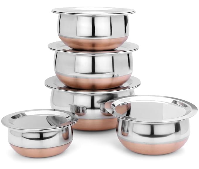 Set of 5 Copper Coated Stainless Steel Handi Set with Lids | Serving & Storage Bowls for Kitchen, Dining & Traditional Indian Meals | Mirror Finish Multipurpose Cookware Set