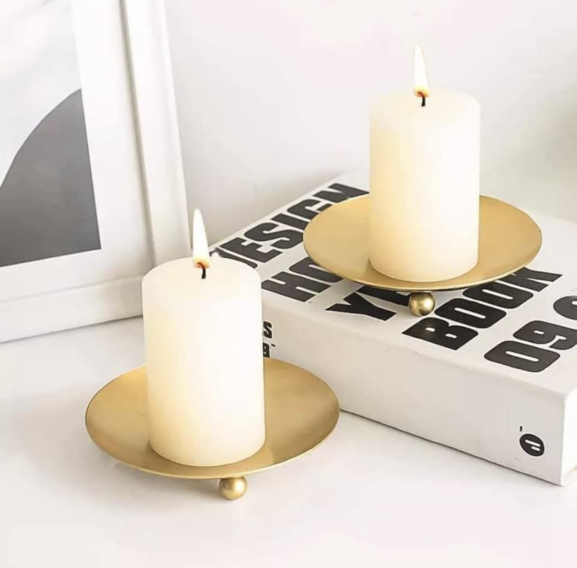 Next In Crafts Next in Metal Metal T-Light Holder and Pillar Holder Plates , Black Iron Round Candle Tray Pedestal Candle Stand for Pillar Candles(Pack of 2 Gold)