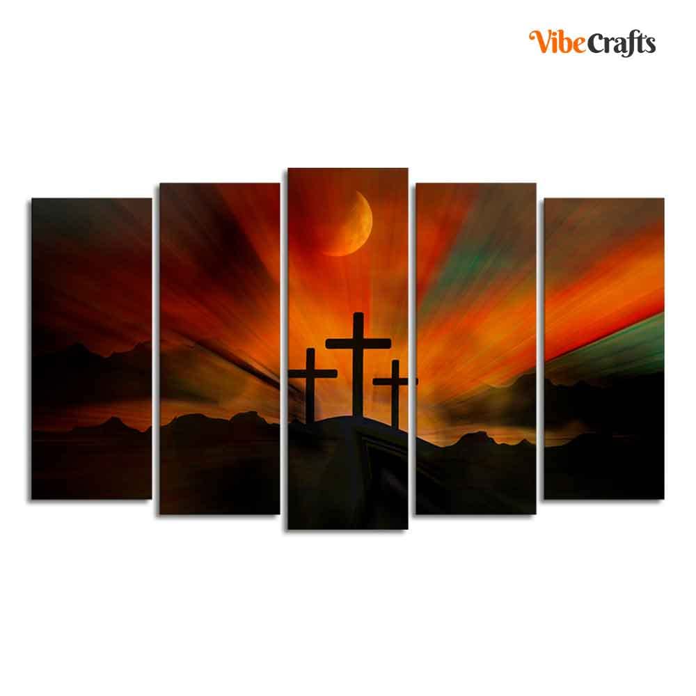 VIBECRAFTS Three Cross Silhouette Canvas Wall Painting of Five Pieces Set For Home|Office|Living Room|Gift (PTVC5Pcs2_6627)