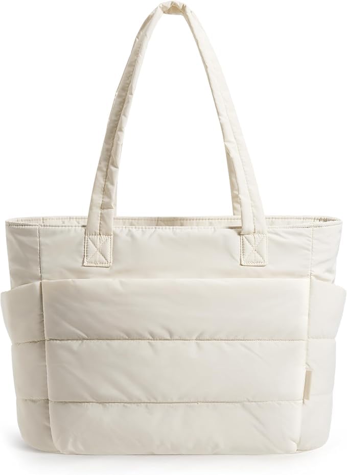 Tressential Puffer Tote Bag for Women, Lightweight, 20L Capacity with 15.6 inch Laptop Compartment, Side Pockets, Office, College and Travel (White)