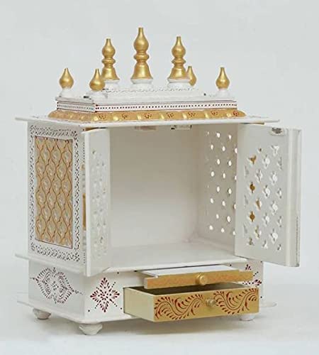 Jodhpur Handicrafts MDF Wood Home Temple Puja Mandir Home Temple Pooja Mandir with Door Pooja Room Stand (18 inch x 12 inch x 24 inch, White & Golden)