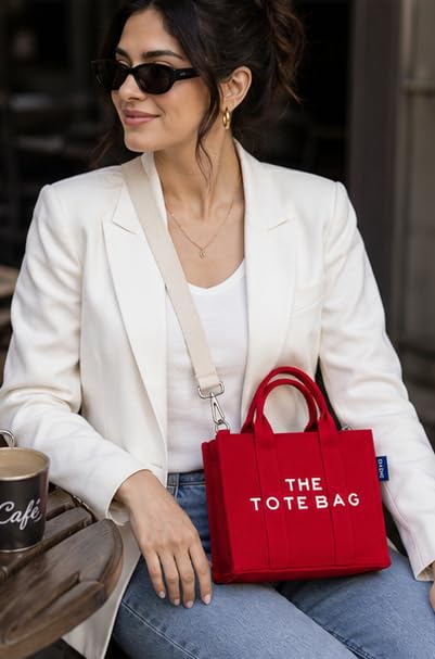 AQVA Small Tote Bag for Women with Pouch | 100% Cotton Canvas Mini Handbag | Stylish Shoulder Bag for Office, Travel, Daily Use (10x8x5 inch, Red)