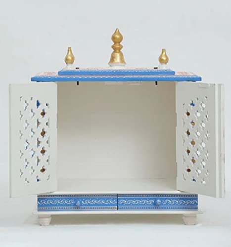 Jodhpur Handicrafts MDF Wood Home Temple Puja Mandir Home Temple Pooja Mandir with Door Pooja Room Stand (18 inch x 9 inch x 22 inch, White & Blue)