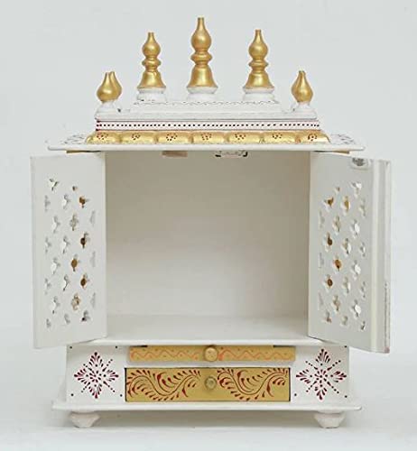 Jodhpur Handicrafts MDF Wood Home Temple Puja Mandir Home Temple Pooja Mandir with Door Pooja Room Stand (18 inch x 12 inch x 24 inch, White & Golden)