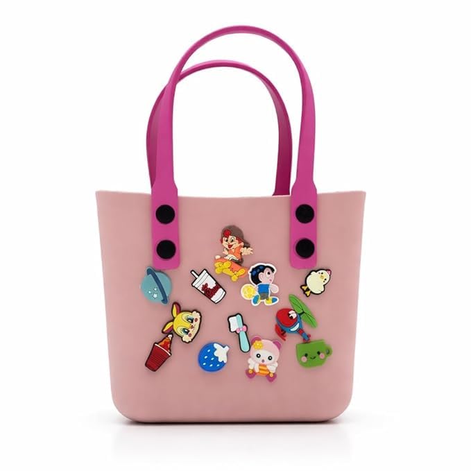 Cute Silicone Tote Bag for Girls | Stylish Pink Handbag with Decorative Charms | Waterproof Silicone Beach Bag & Lunch Bag | Fashion Shoulder Bag for Shopping, Travel, Party & Daily Use. (Light Pink)
