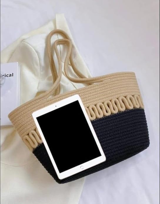 BEAUTIFUL HOMMIES Attractive Hand Bag |large Tote Bag |Summer Bag | Bucket Bag | Basket Bag | Bamboo Tote | Beach Bags for Women|Boho Bag|Handbag |Jute Bag |Handmade Bag (BEIGE BLACK)