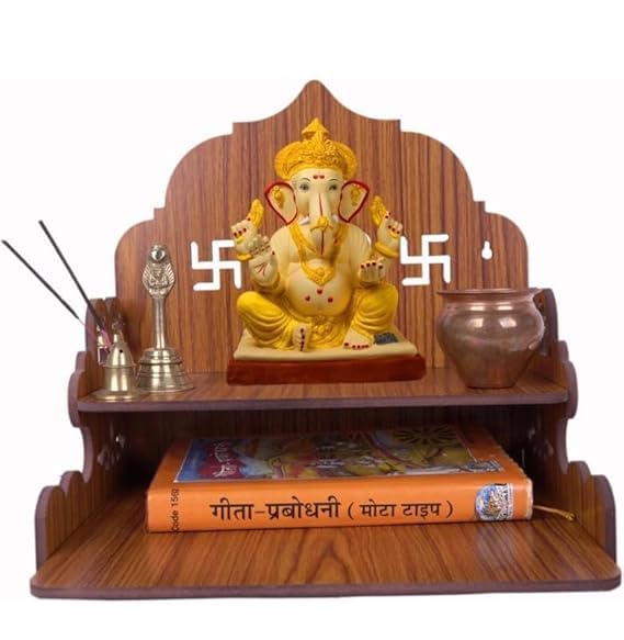 Wooden Temple for Home – Wall Mounted Pooja Mandir | Decorative Prayer Shelf with Storage | Engineered MDF Wood | Compact 11.50x9x9.5 Inch (Style -3)