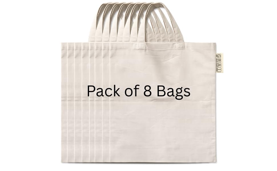GRAICOT 100% Cotton Tote Bags (Pack of 8, 14x12 Inch) - 150 GSM Medium Eco-Friendly Unbleached Canvas Tote Bag for Grocery Shopping, Travel, DIY Painting & Return Gifts
