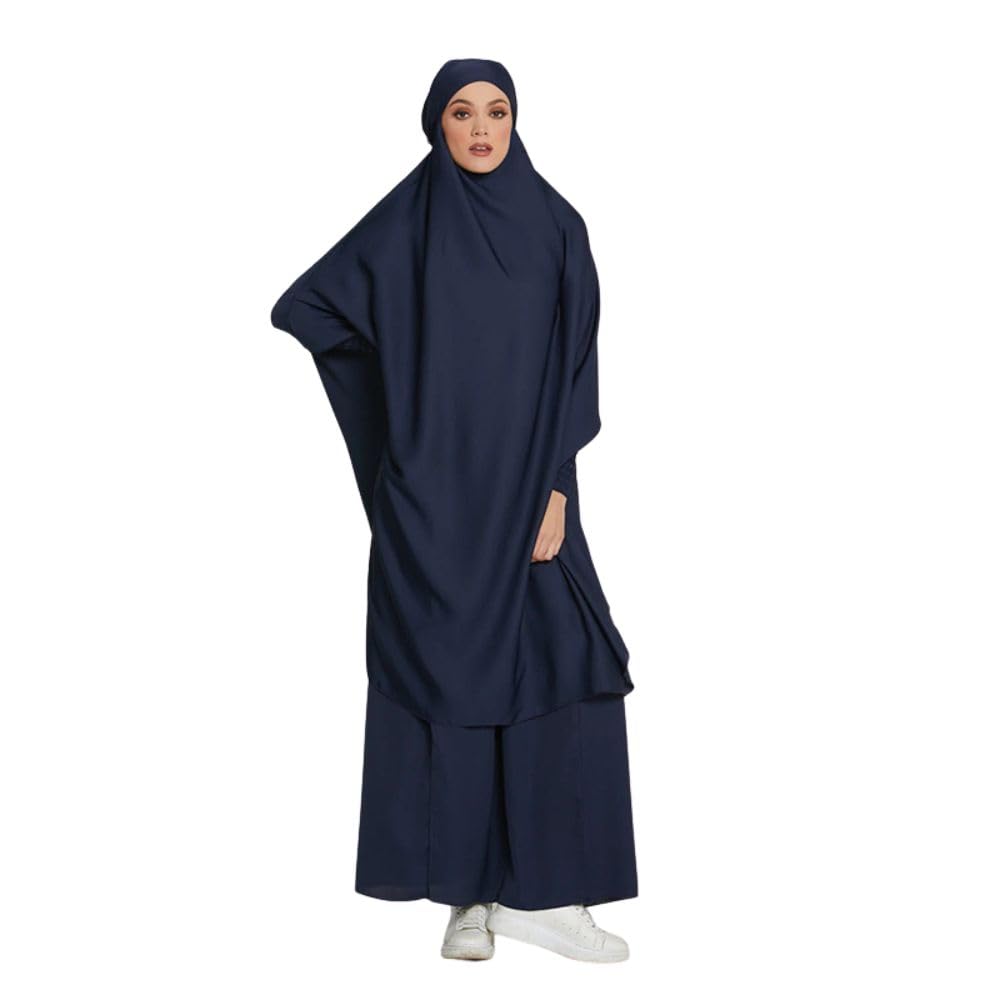 2-Piece Knee-Length Jilbab Set Khimar Style Abaya and Skirt with Chunnat Sleeves Dolman Sleeves Navy Blue Color Tie Back Burkha Jilbab Khimar Style Abaya Hijab Niqab Islamic Modest Wear for Women