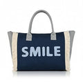ASIAN Tote SMILE Women’s Canvas Tote Bag Navy Blue Handbag with Fringe Sides, Casual Shoulder Bag for Office, Shopping & College