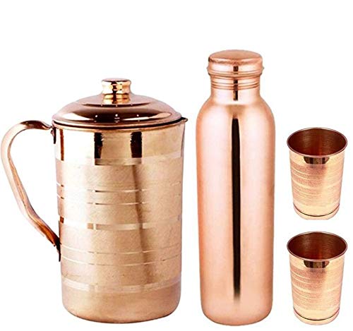 KC Copper Water Bottle and Jug Combo Set - 1000 ml Bottle, 2000 ml Jug, 2 Glasses - Brown