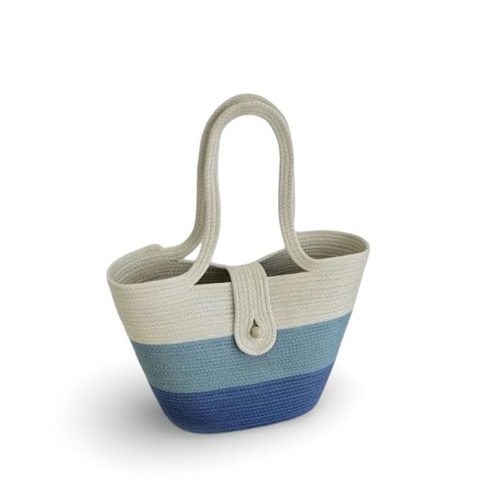 BEAUTIFUL HOMMIES Attractive Hand Bag |large Tote Bag |Summer Bag | Bucket Bag | Basket Bag | Bamboo Tote | Beach Bags for Women|Boho Bag|Handbag |Jute Bag |Handmade Bag (WHITE BLUE NAVY BLUE)