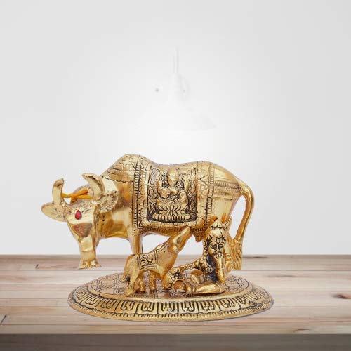 KridayKraft Metal Handicraft Cow,Calf & Krishna Gold Plated Showpiece for Home,Office,Table&Pooja Room.