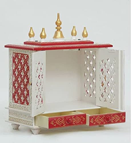 Jodhpur Handicrafts MDF Wood Home Temple Puja Mandir Home Temple Pooja Mandir with Door Pooja Room Stand (18 inch x 9 inch x 22 inch, White & Red)