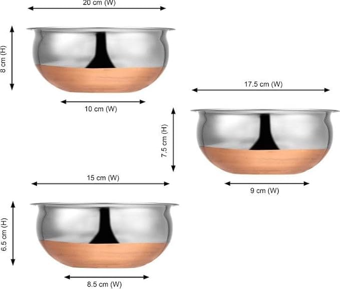 PUHBRHY 3pcs Stainless Steel Copper Bottom Kitchen Serving,Traditional Indian Cook,Biryani Handi for Restaurant Cookware Set Ideal for Dal & Gravy & Dining Serveware (3 pcs)