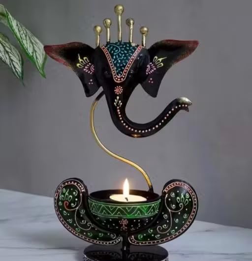 Handpainted Ganesha Tealight Candle Stand Iron Multicolor 11 Inch