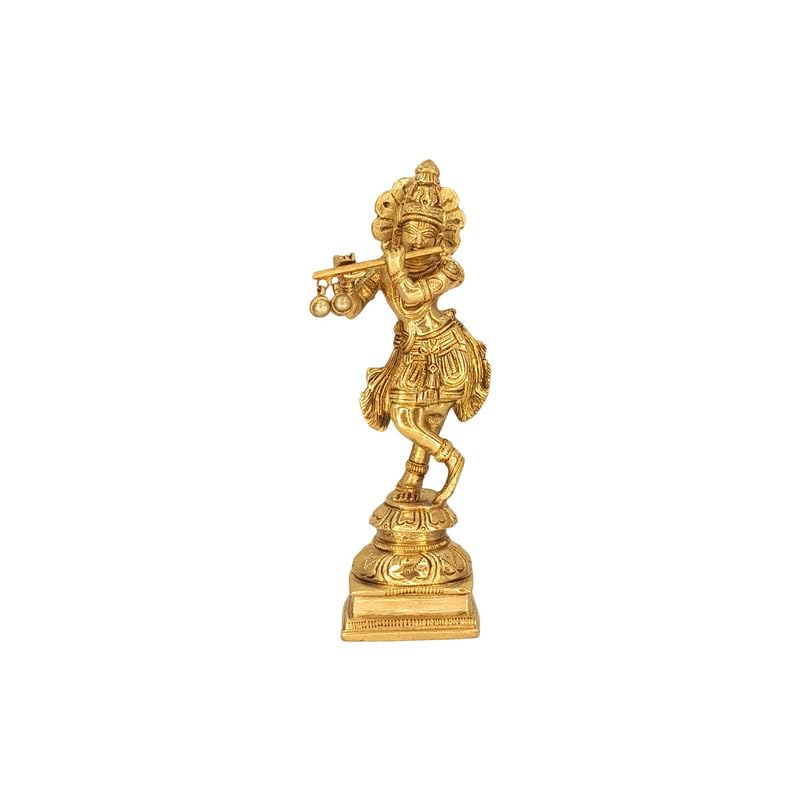 SVARUP Brass Krishna Murti Playing Flute in Gold Color Height 6 Inch