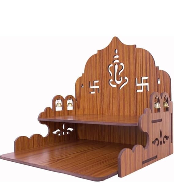 Wooden Temple for Home – Wall Mounted Pooja Mandir | Decorative Prayer Shelf with Storage | Engineered MDF Wood | Compact 11.50x9x9.5 Inch (Style -3)