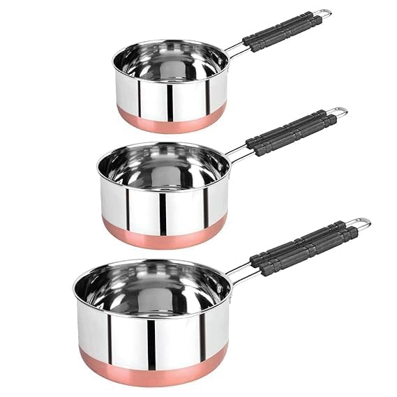 Copper Bottom Sauce Pan Tea Maker Milk Coffee pan bhgoni Stainless Steel Sauce Pan with Handle, Flat Base, Tea Pan, Milk Pan Tapeli Patila, Pot (Set of 3)