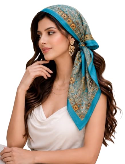 Etietnic Satin Square Head Scarf for Women,LOCAL BLUE Printed