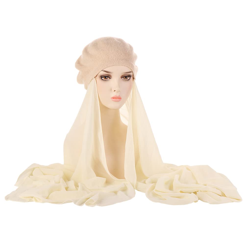 JDYaoYing Women Muslim Hijab Cover Long Scarf with Beret Hat Instant Hijab Wrap Scarves Head Scarf, Beige, 6