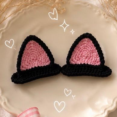 Handmade Crochet Cat Ear Hair Clips Black and White, Pink Inner, Cute Kawaii Style, Set of 2