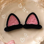 Handmade Crochet Cat Ear Hair Clips Black and White, Pink Inner, Cute Kawaii Style, Set of 2