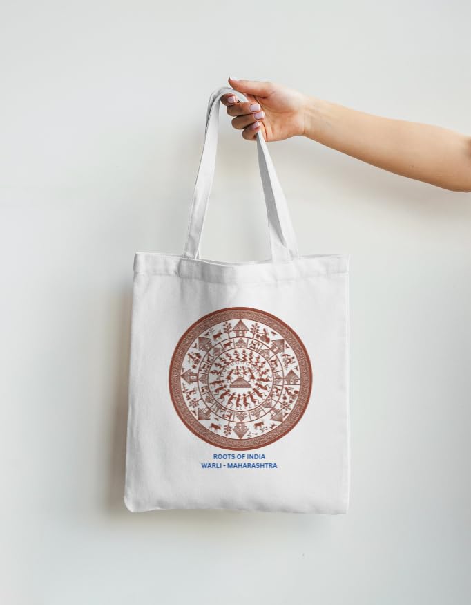 Studio JoySprout Warli Art Canvas Tote Bag | Roots of India Maharashtra Cotton Shopping Bag | Open Top Non Zipper | White | Unisex