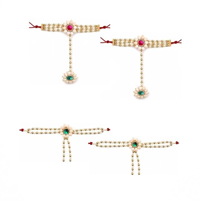 Anuradha Art Jewellery Beautiful Mogra flower Jewellery Combo Set With Pink & Green Stone | Handmade Maharashtrian Floral Jewellery | Haldi, Mehendi, Wedding, Festival & Bridal Wear |For Baby Shower | For Womens & Girls. (Pink & green)