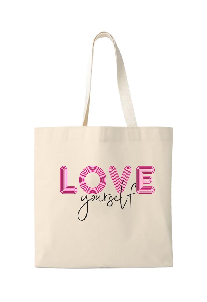 Peach Blossom Reusable Tote Bags, 100% Cotton Shopping/Grocery Bag, Multi-Purpose Bag 5kgs Capacity, Single Pack (Cbag_White_Loveurself)