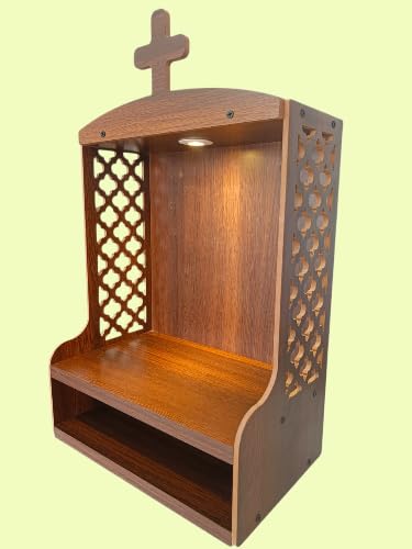 Stylish Christian Wooden Wall Temple Altar with Cross Crown, LED Downlight Carved Jali Panels Spacious Shelf for Daily Prayer Home Church Worship Room Decor Unit, Brown