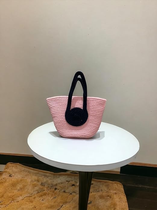 BEAUTIFUL HOMMIES Attractive Hand Bag | Large Summer Beach Boho Tote | Jute Bag | Handmade Bag - Pink-Black