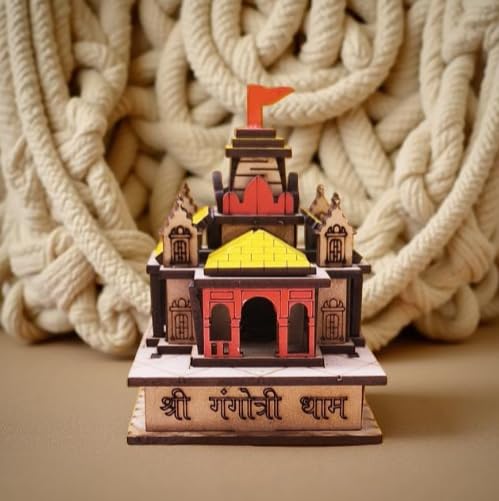 Chardham Wooden Gangotri Temple Showpiece, Multicolour 3D Temple Model for Home, Office, Car Dashboard, Spiritual Pooja Decor