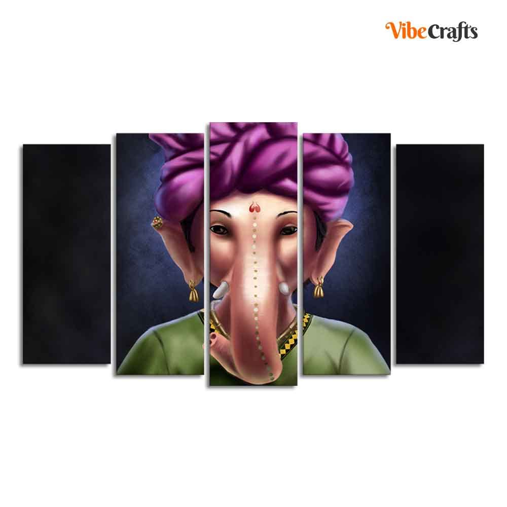 VIBECRAFTS Portrait of Ganesha Canvas Wall Painting Set of Five Pieces For Home|Office|Living Room|Gift (PTVC5Pcs2_6595)